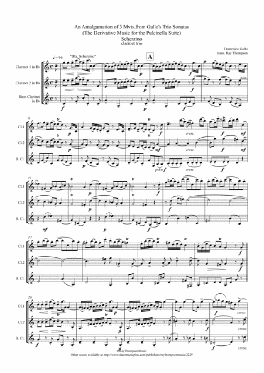 Gallo: 3 movts. from 2 Trio Sonatas (Pulcinella Suite Mvt.III Scherzino) - clarinet trio Clarinet Trio scores gallery preview page 1