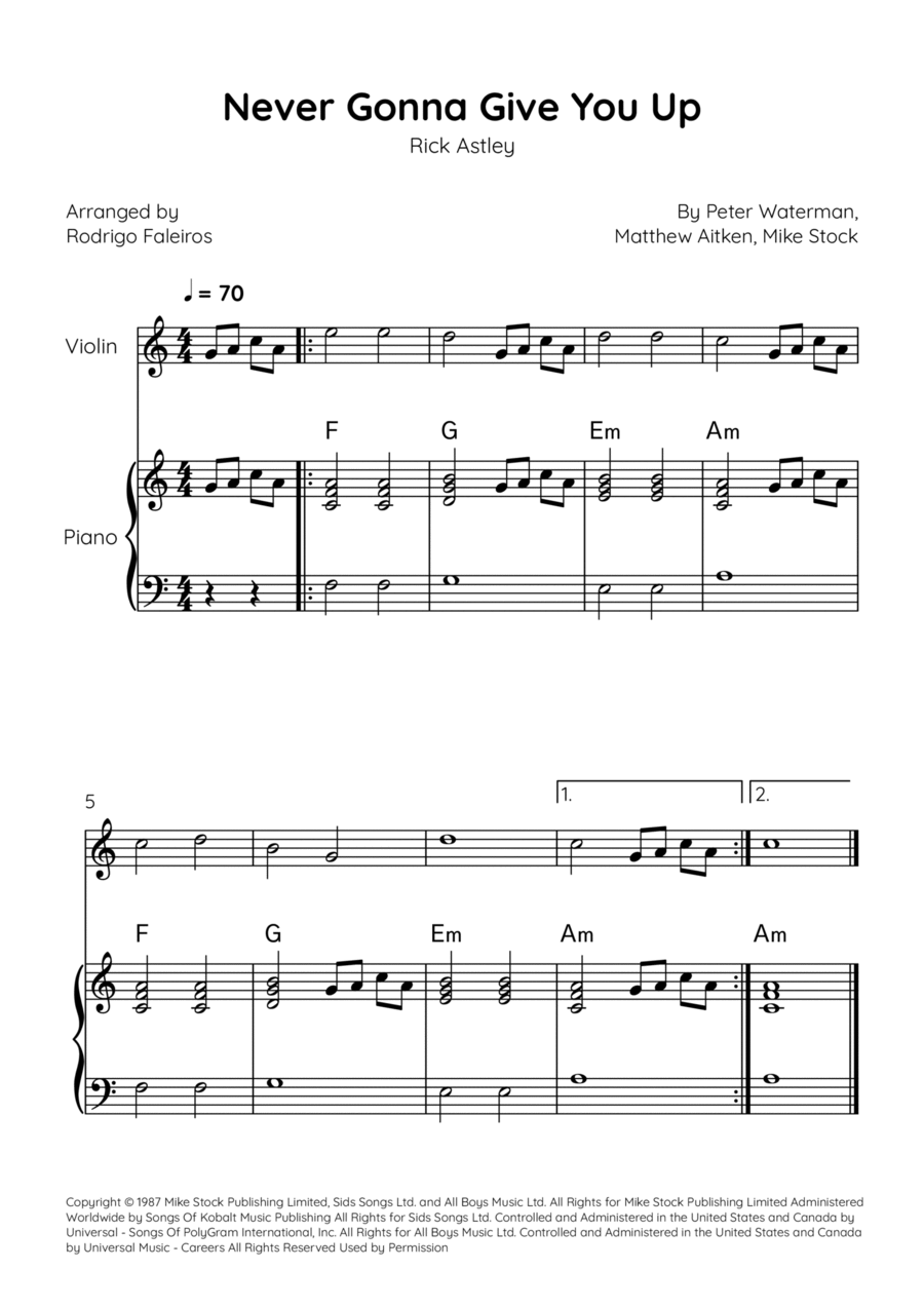 Never Gonna Give You Up Violin Solo scores gallery preview page 1