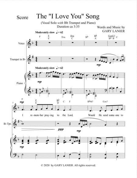 The "I LOVE YOU" Song - (for Solo Voice with Bb Trumpet and Piano) Lead Sheet & Bb Trumpet part inc image number null