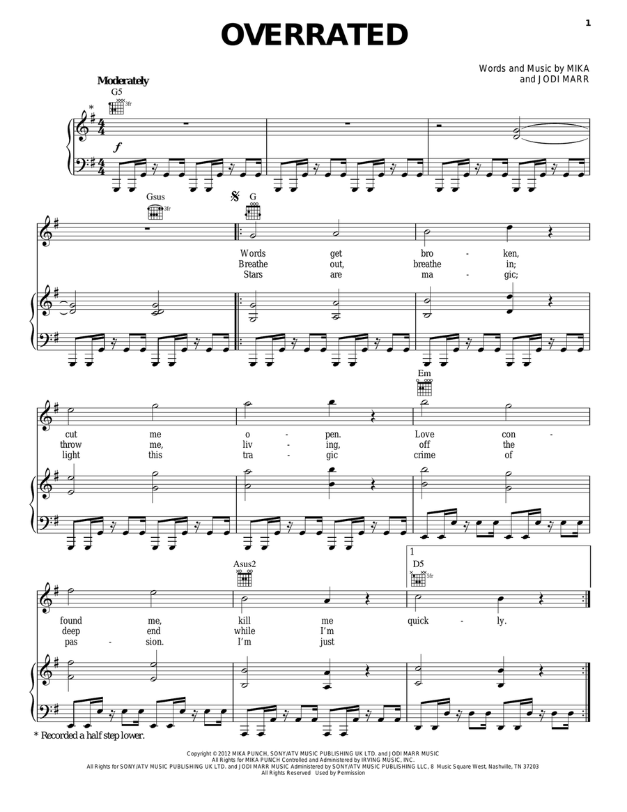 Overrated Piano, Vocal, Guitar scores gallery preview page 1