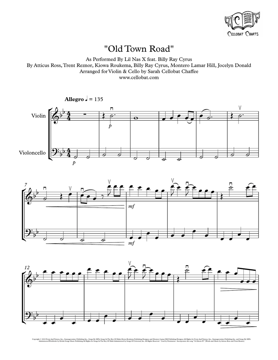 Old Town Road (remix) String Duet scores gallery preview page 1