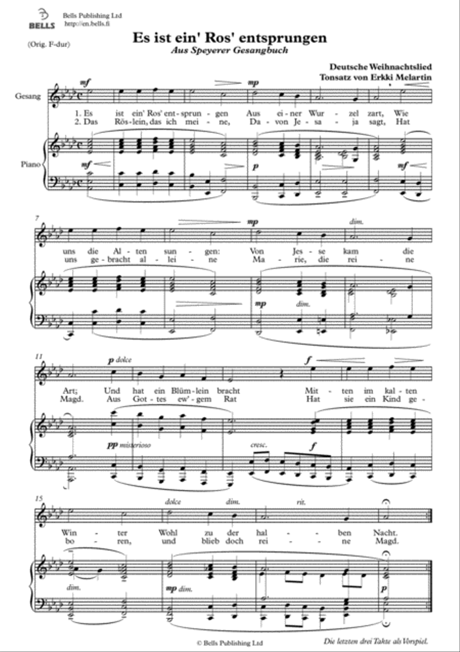 Es ist ein Ros entsprungen (A-flat Major) Voice Solo scores gallery preview page 1