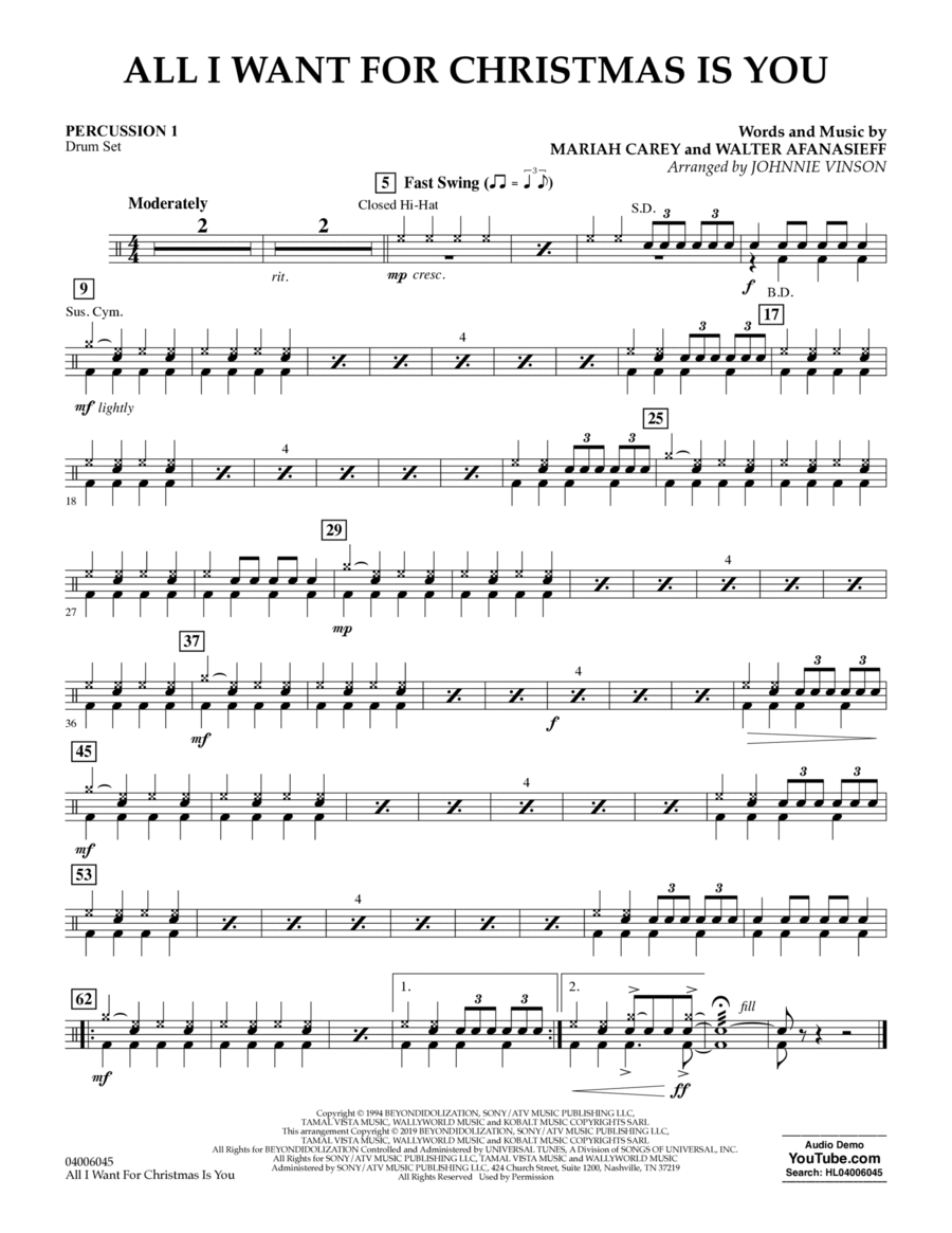 All I Want For Christmas Is You (arr. Johnnie Vinson) - Percussion 1 Concert Band scores gallery preview page 1
