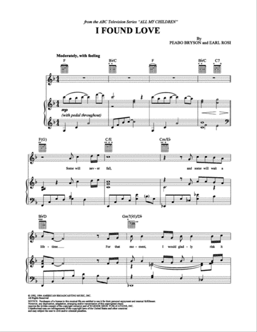 I Found Love Piano, Vocal, Guitar scores gallery preview page 1