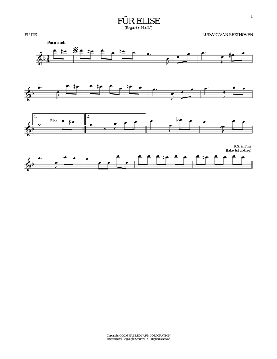 Fur Elise, WoO 59 Flute Solo scores gallery preview page 1