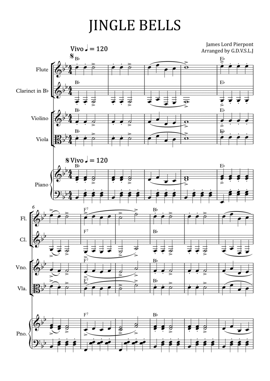 Jingle Bells in Bb (Flute, Clarinet Bb, Violin, Viola + Piano accomp) B-Flat Clarinet scores gallery preview page 1