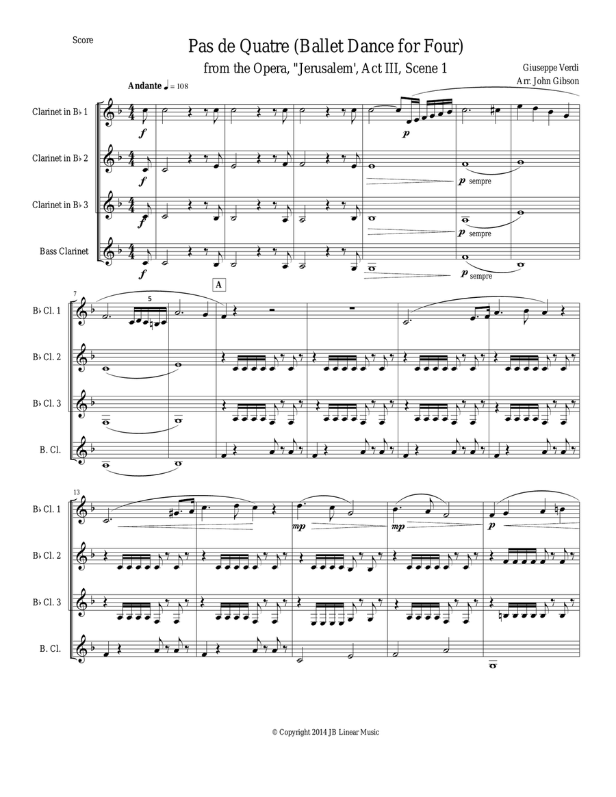 Verdi - Ballet Music for clarinet quartet (Jerusalem, Act III) Clarinet Quartet scores gallery preview page 1
