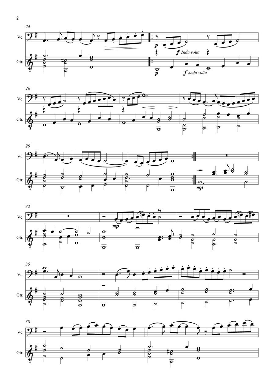 Come again sweet love doth now invite (John Dowland) arranged for cello and guitar String Duet scores gallery preview page 2