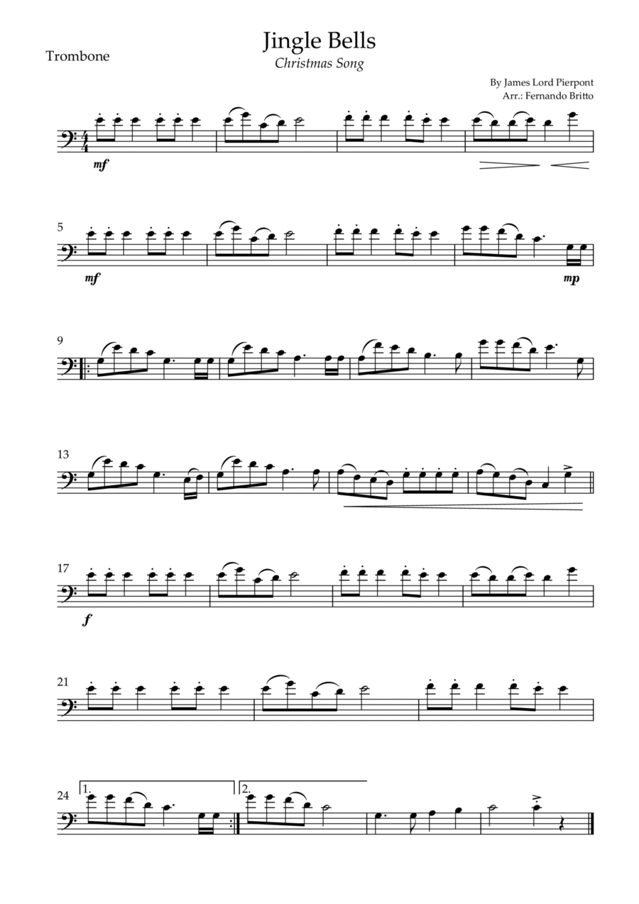 Jingle Bells (Christmas Song) for Trombone Solo Trombone Solo scores gallery preview page 1