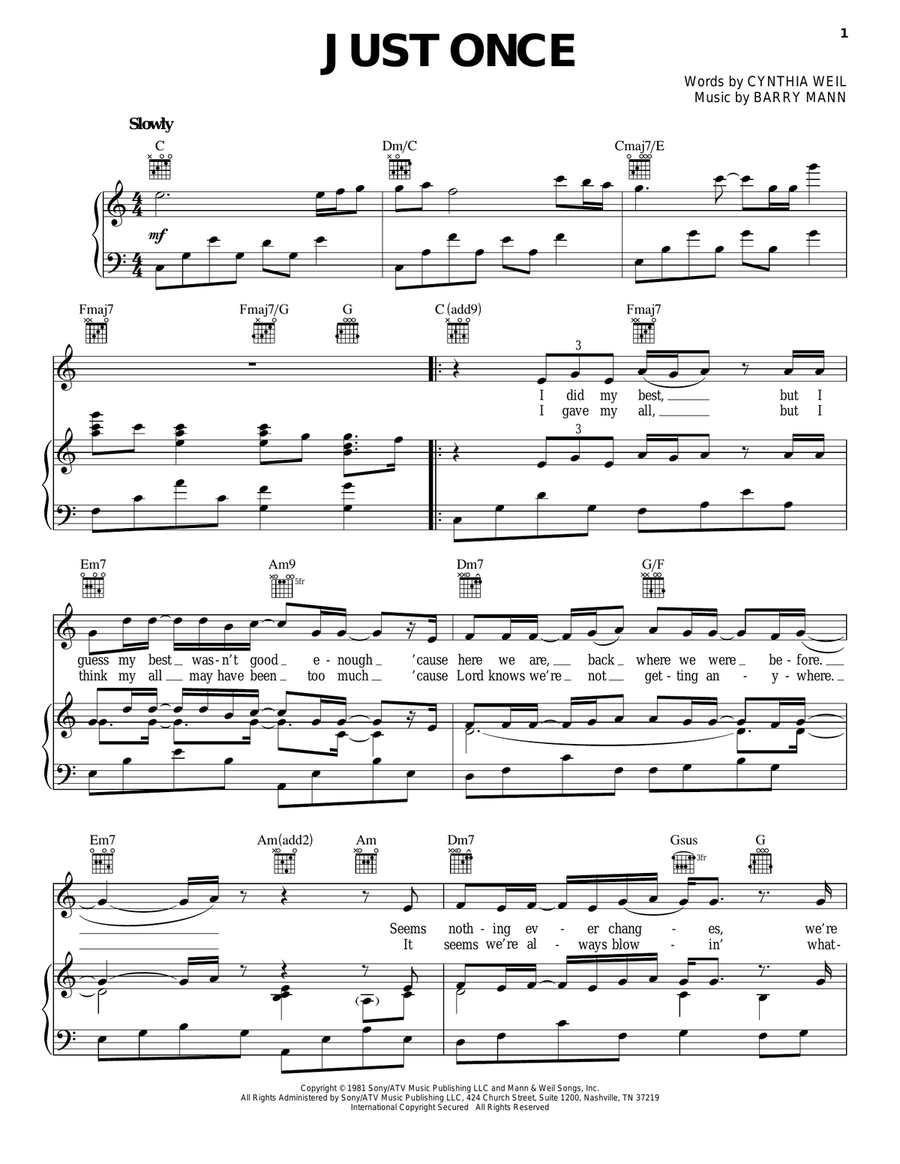 Just Once Piano, Vocal, Guitar scores gallery preview page 1
