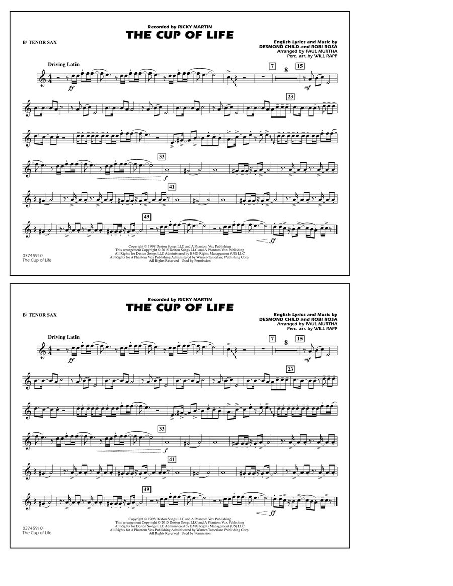 The Cup of Life - Bb Tenor Sax Marching Band scores gallery preview page 1