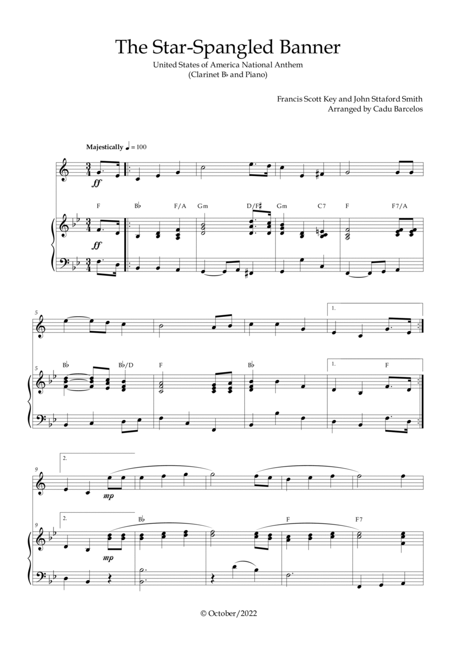 The Star-Spangled Banner - EUA Hymn (Clarinet Bb and Piano) Chords B-Flat Clarinet scores gallery preview page 1