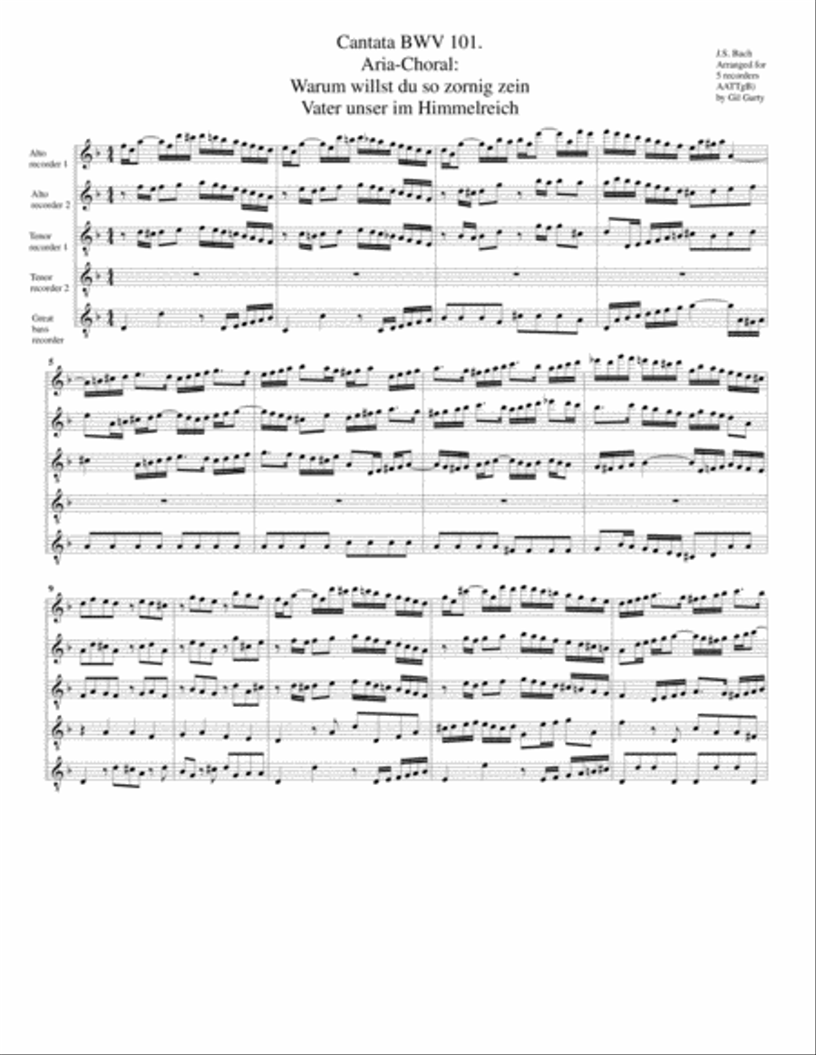Aria-Choral: Warum willst du so zornig sein? - Vater unser im Himmelreich from Cantata BWV 101 (arra Choir scores gallery preview page 1