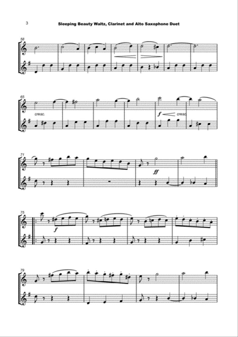 The Sleeping Beauty Waltz by Tchaikovsky, for Clarinet and Alto Saxophone Duet Woodwind Duet scores gallery preview page 4