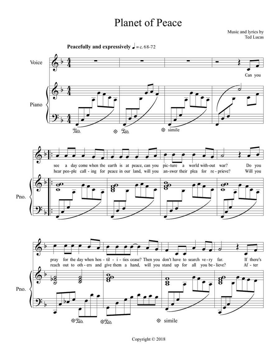 Planet of Peace, for Piano and Voice Piano, Vocal scores gallery preview page 2
