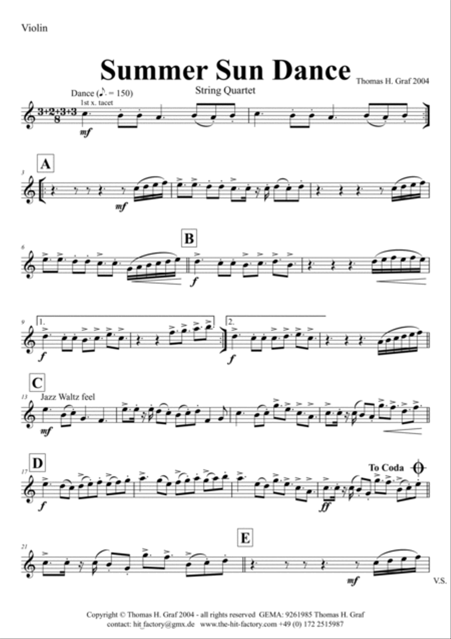 Summer Sun Dance - 11/8 - Folk Dance Style - String Quartet String Quartet scores gallery preview page 6