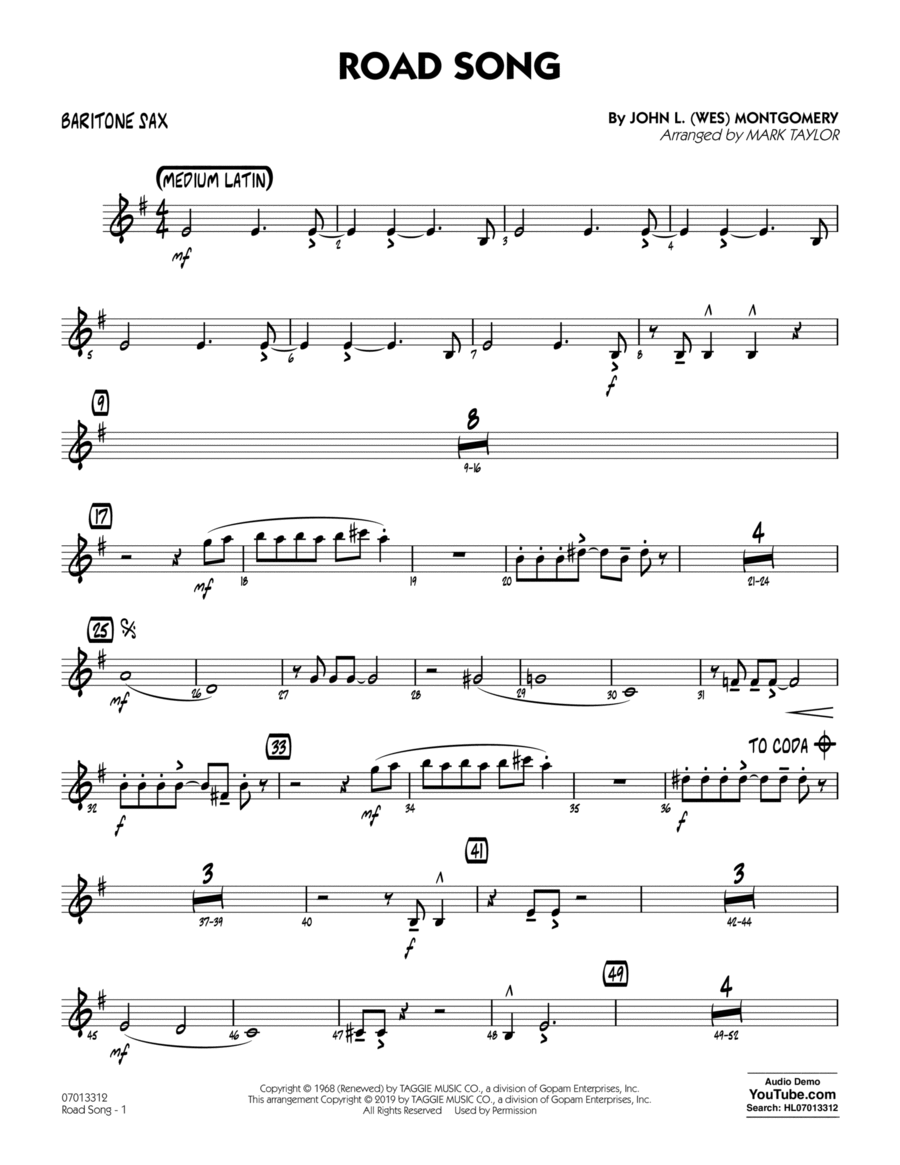 Road Song (arr. Mark Taylor) - Baritone Sax