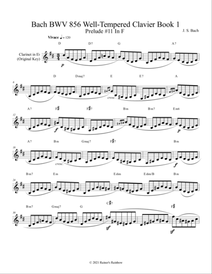 Bach BWV 856 Well-Tempered Clavier Book 1 Prelude 11 In F Clarinet Study A Clarinet scores gallery preview page 3