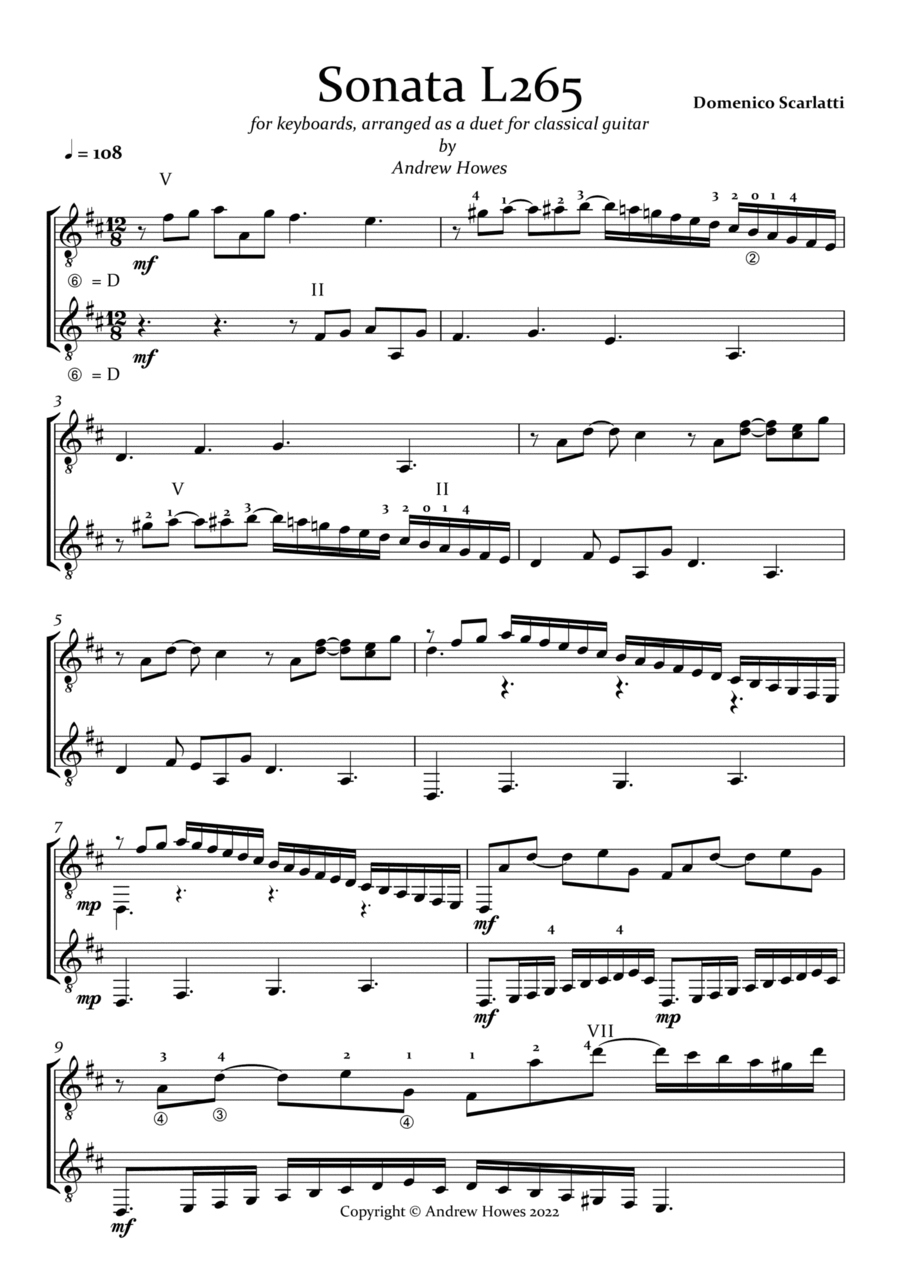 Scarlatti Sonata L265 arranged for Classical Guitar Duo Acoustic Guitar scores gallery preview page 1