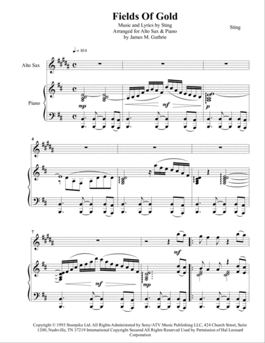 Fields Of Gold Alto Saxophone scores gallery preview page 1