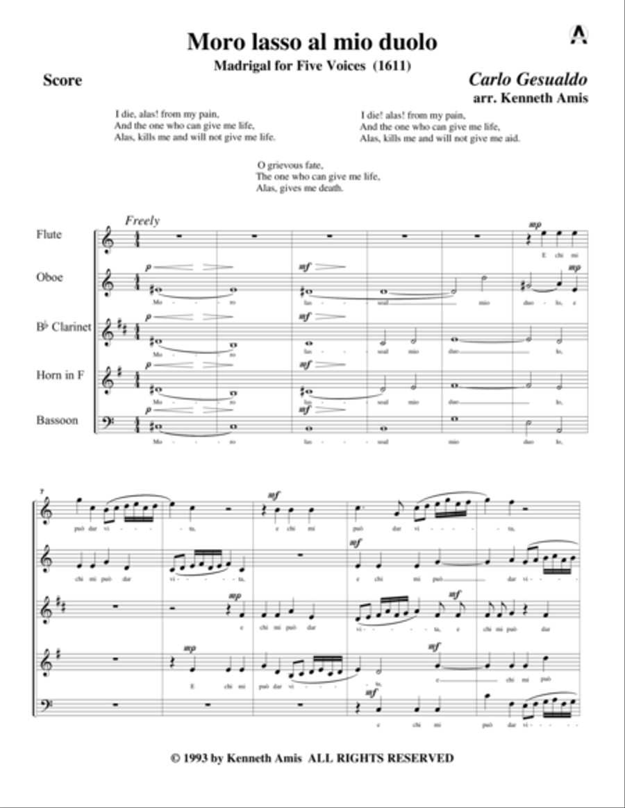 Moro lasso al mio duolo (for woodwind quintet) Woodwind Quintet scores gallery preview page 3
