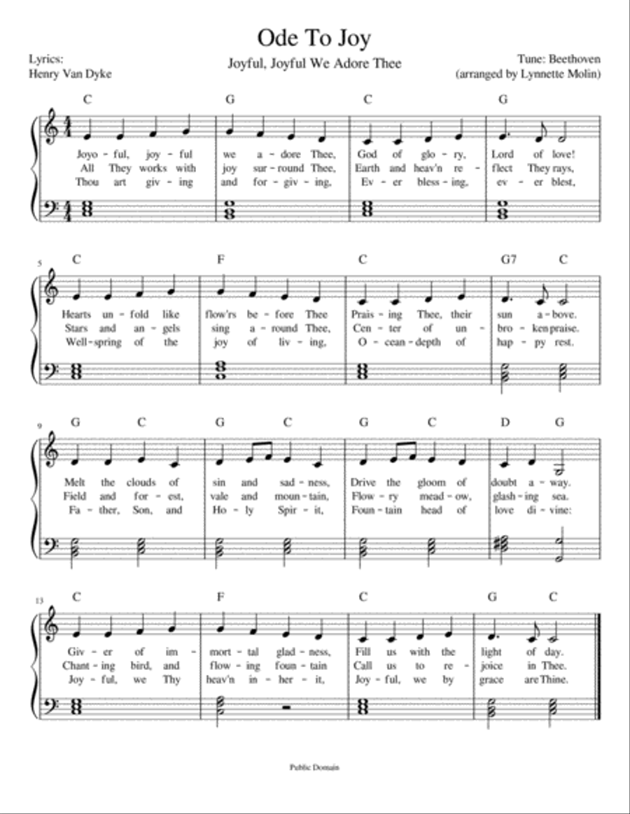 Ode To Joy with lyrics by Ludwig van Beethoven Piano, Vocal, Guitar - Digital Sheet Music