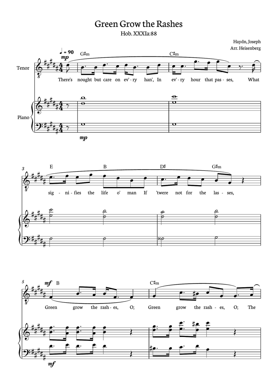Joseph Haydn - Green Grow The Rashes for Tenor with Piano and chords in G# minor. Piano, Vocal scores gallery preview page 1
