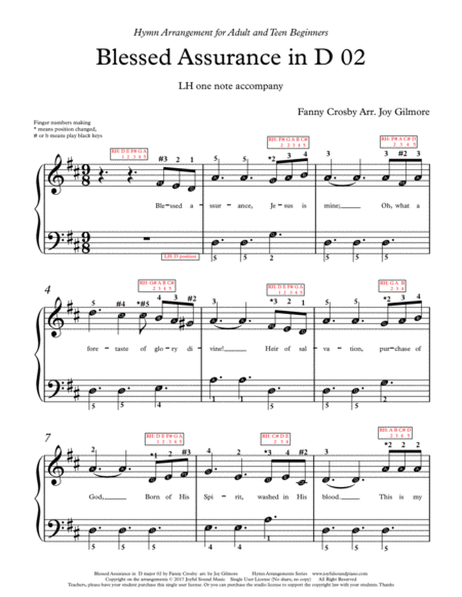 Blessed Assurance in D major, Easy hymn arrangements, Free lifetime new version upgrade. Free paper image number null