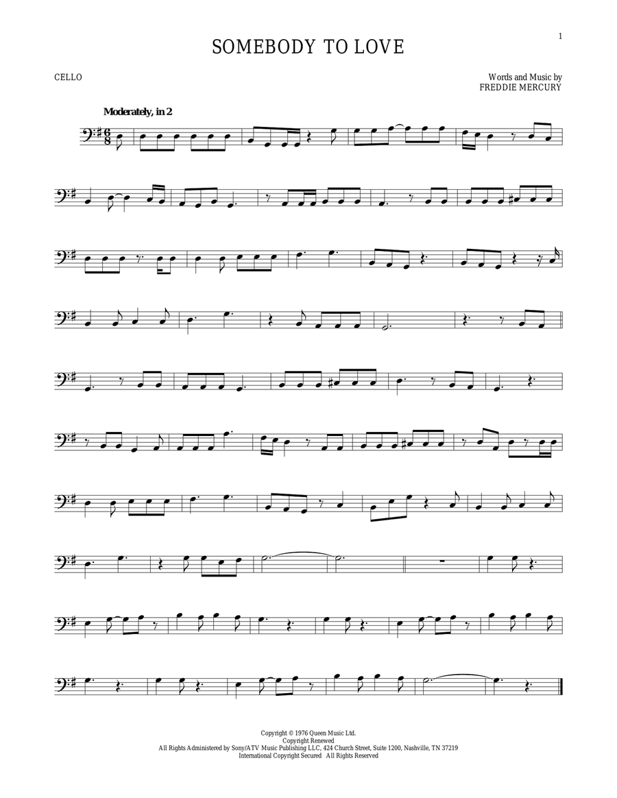 Somebody To Love Cello Solo scores gallery preview page 1