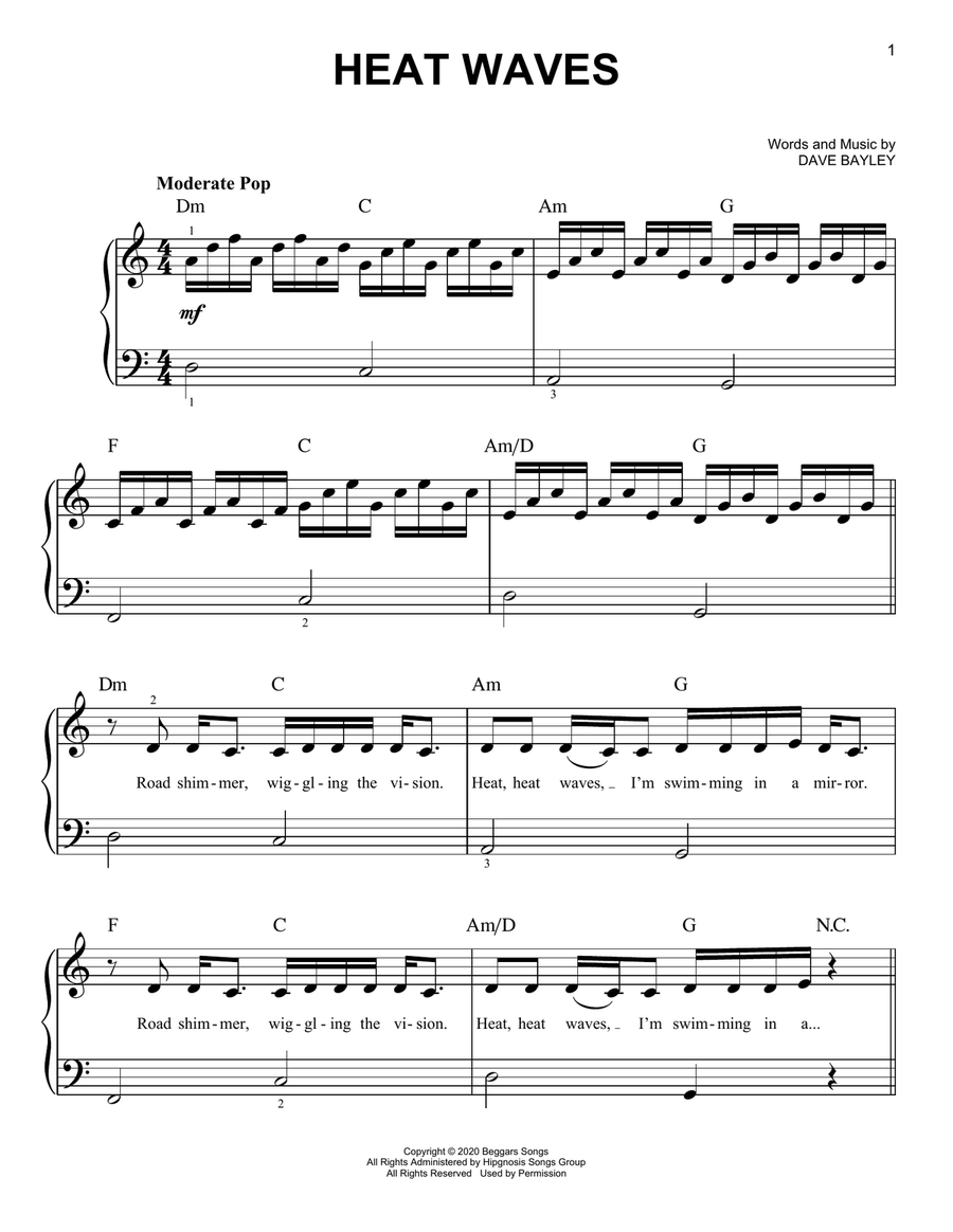 Heat Waves Easy Piano scores gallery preview page 1