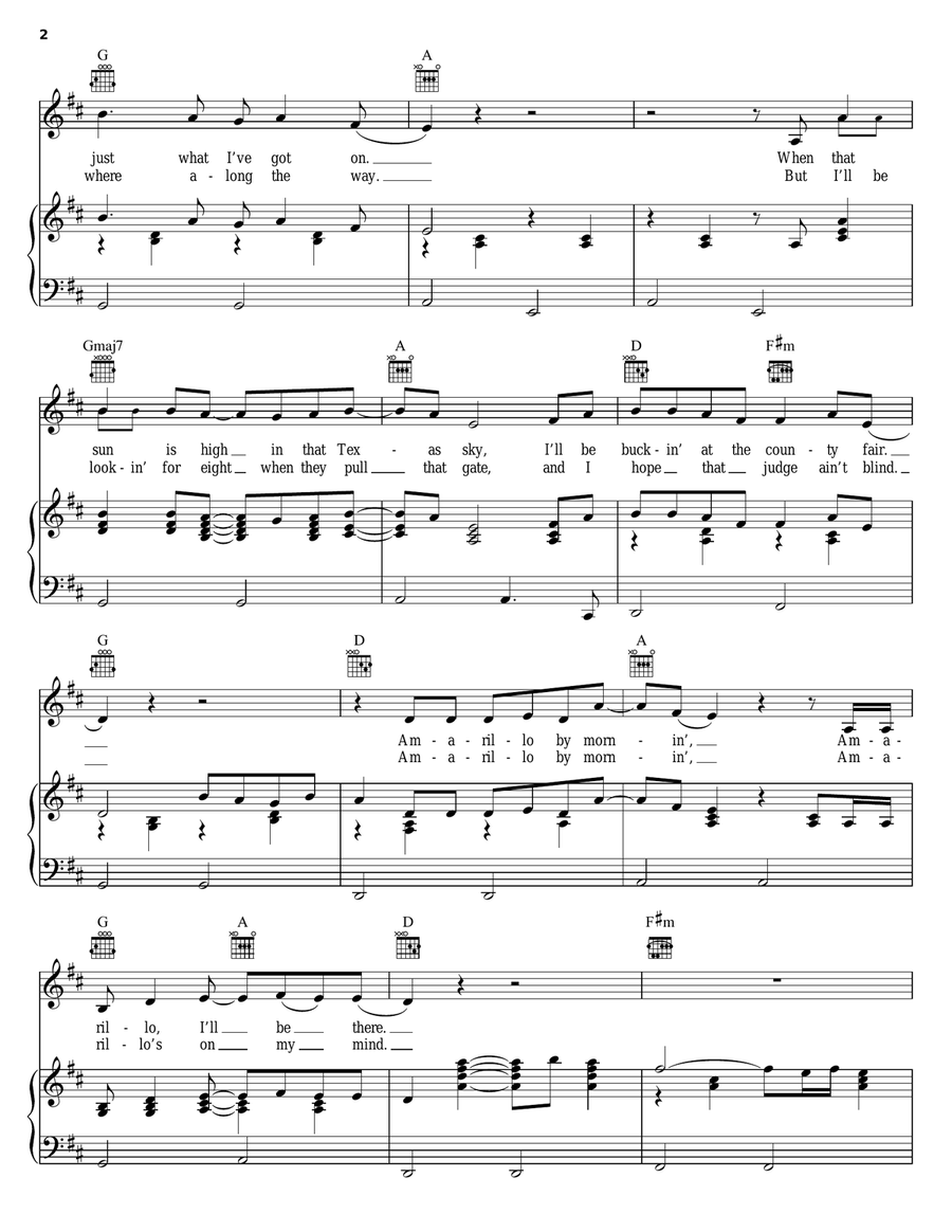 Amarillo By Morning Piano, Vocal, Guitar scores gallery preview page 2