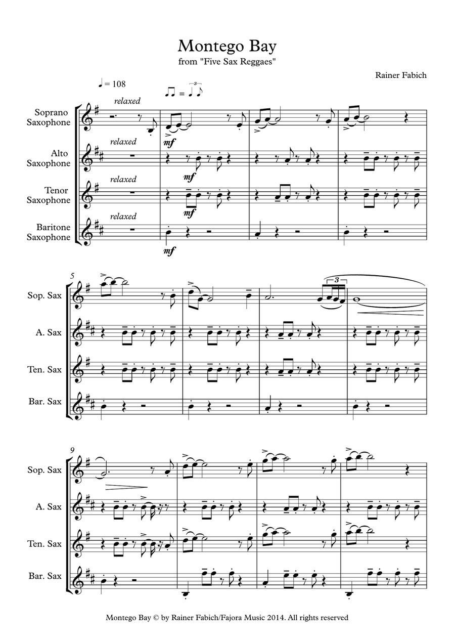 Montego Bay from Five Sax Reggaes Woodwind Quartet scores gallery preview page 2