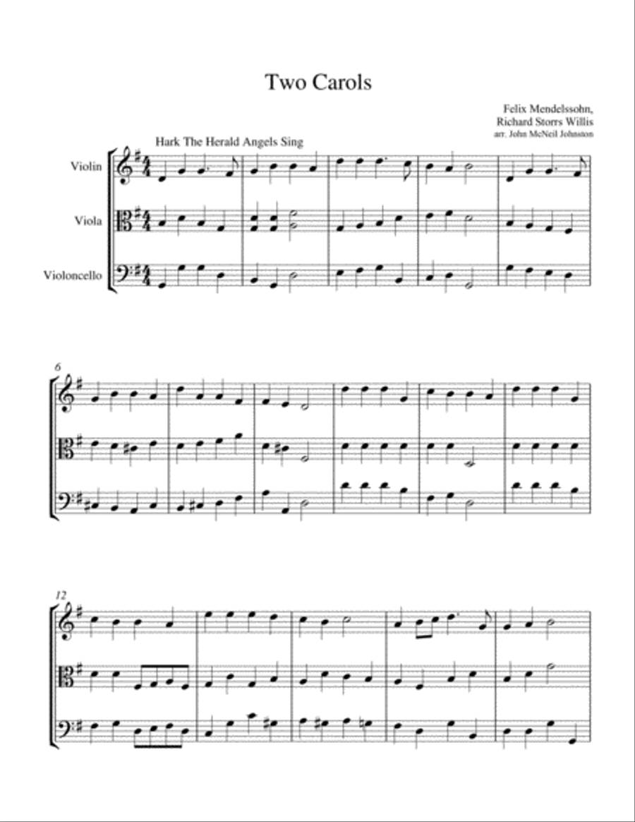 Two Carols for String Trio - Hark The Herald Angels Sing & It Came Upon A Midnight Clear String Trio scores gallery preview page 1