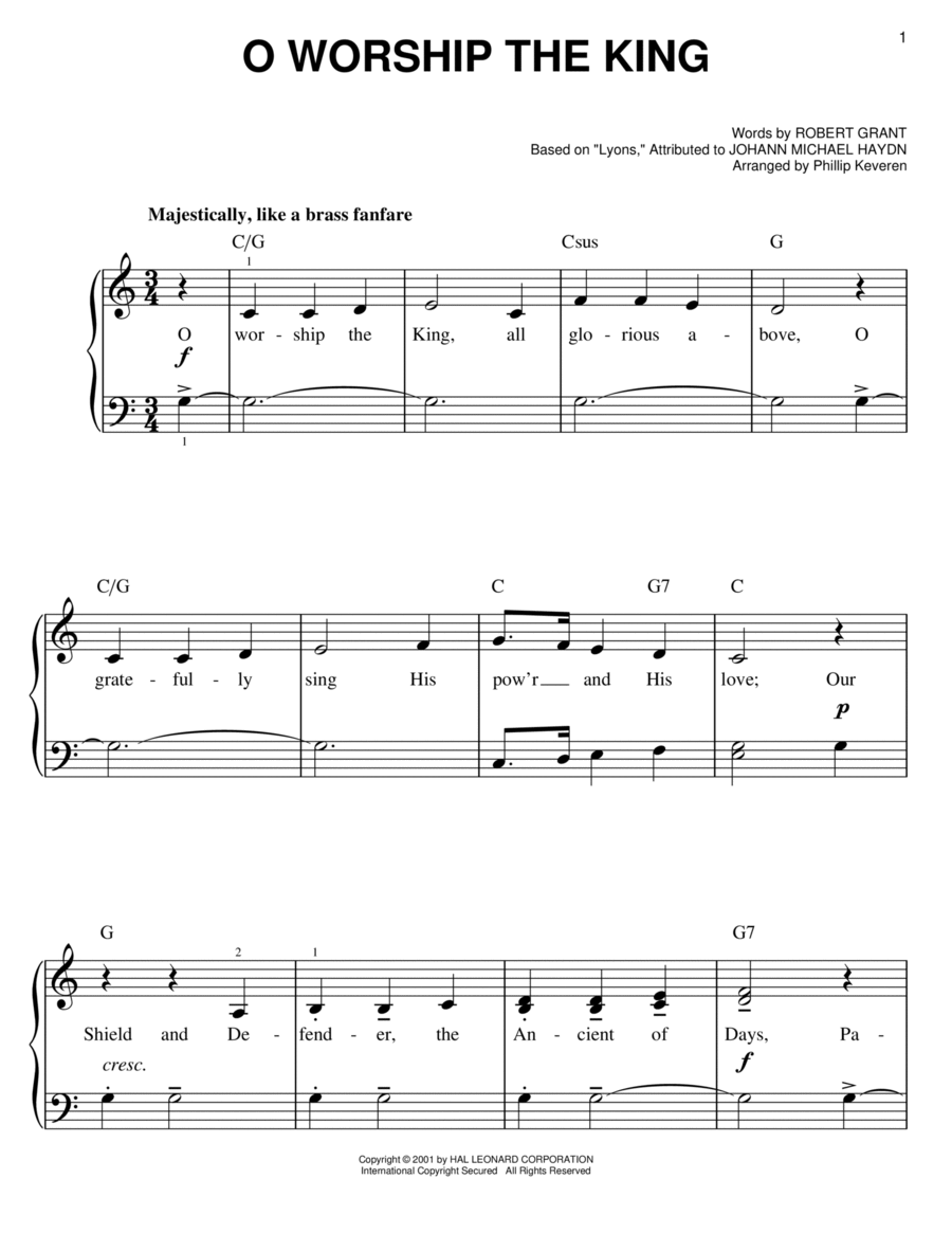 O Worship The King (arr. Phillip Keveren) Easy Piano scores gallery preview page 1
