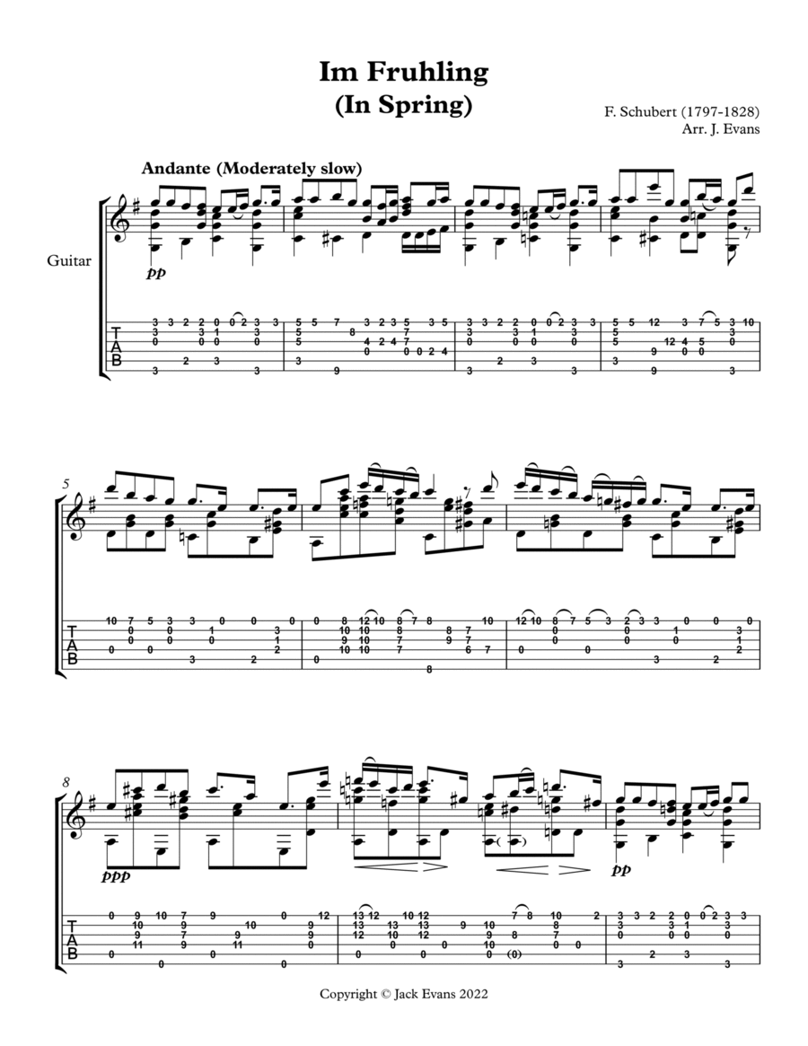 Schubert Im Fruhling (In Spring) solo guitar Classical Guitar scores gallery preview page 1