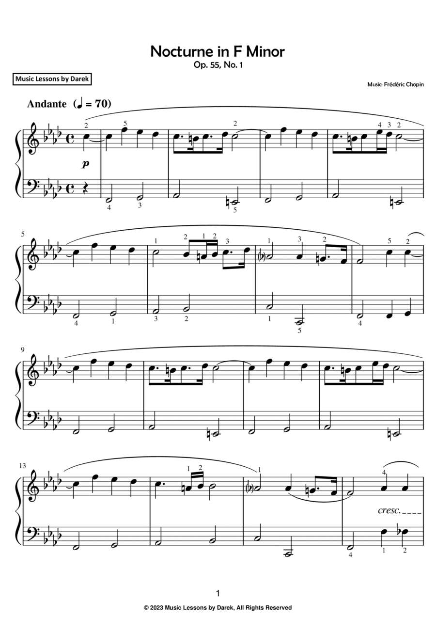 Nocturne in F Minor (EASY PIANO) Op. 55, No. 1 [Frédéric Chopin] Easy Piano scores gallery preview page 1