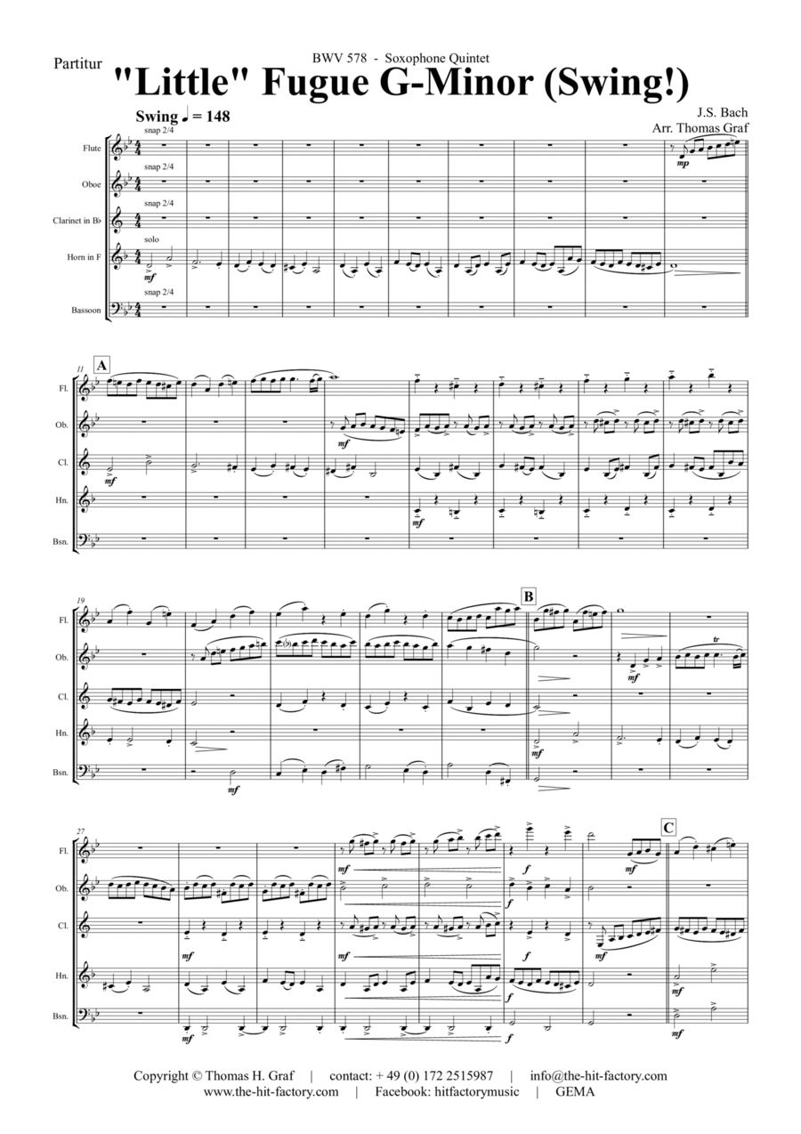 Fugue G Minor - (the 'little') - BWV 578 - Swing - Wind Quintet Woodwind Quintet scores gallery preview page 1