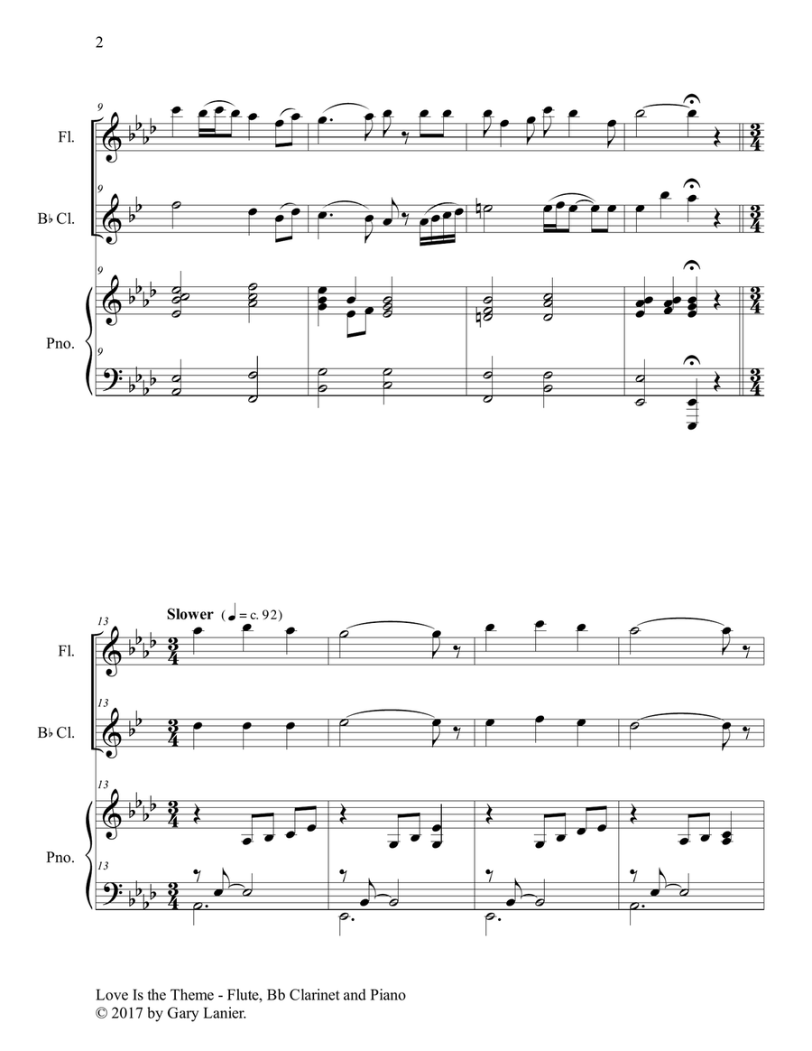 LOVE IS THE THEME (Trio – Flute, Bb Clarinet & Piano with Score/Part) Woodwind Duet scores gallery preview page 3