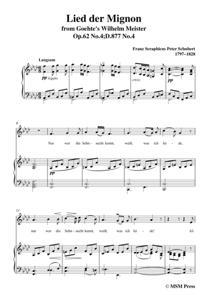 Schubert-Lied der Mignon,from 4 Gesänge aus 'Wilhelm Meister',in f minor,for Voice&Piano image number null