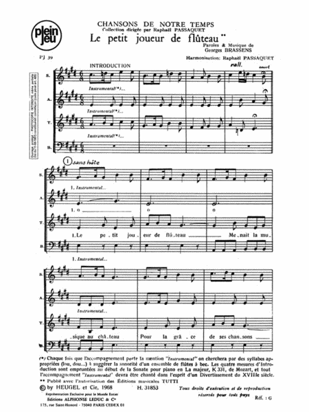 Brassens Chansons De Notre Temps Pj39 Le Petit Joueur Fluteau 4 Part