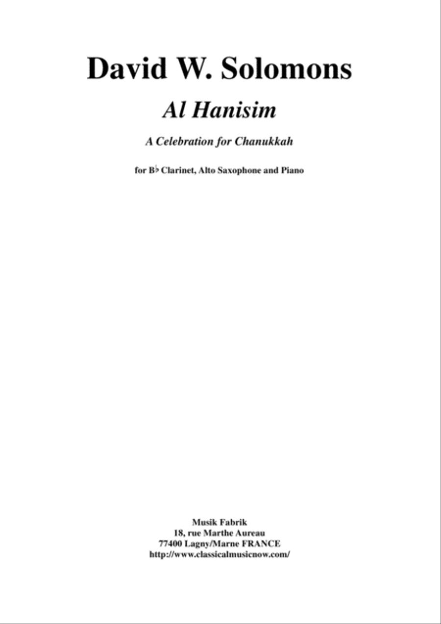David Warin Solomons: Al Hanisim : A Chanukkah Celebration for Bb clarinet, alto saxophone and piano Woodwind Duet scores gallery preview page 1