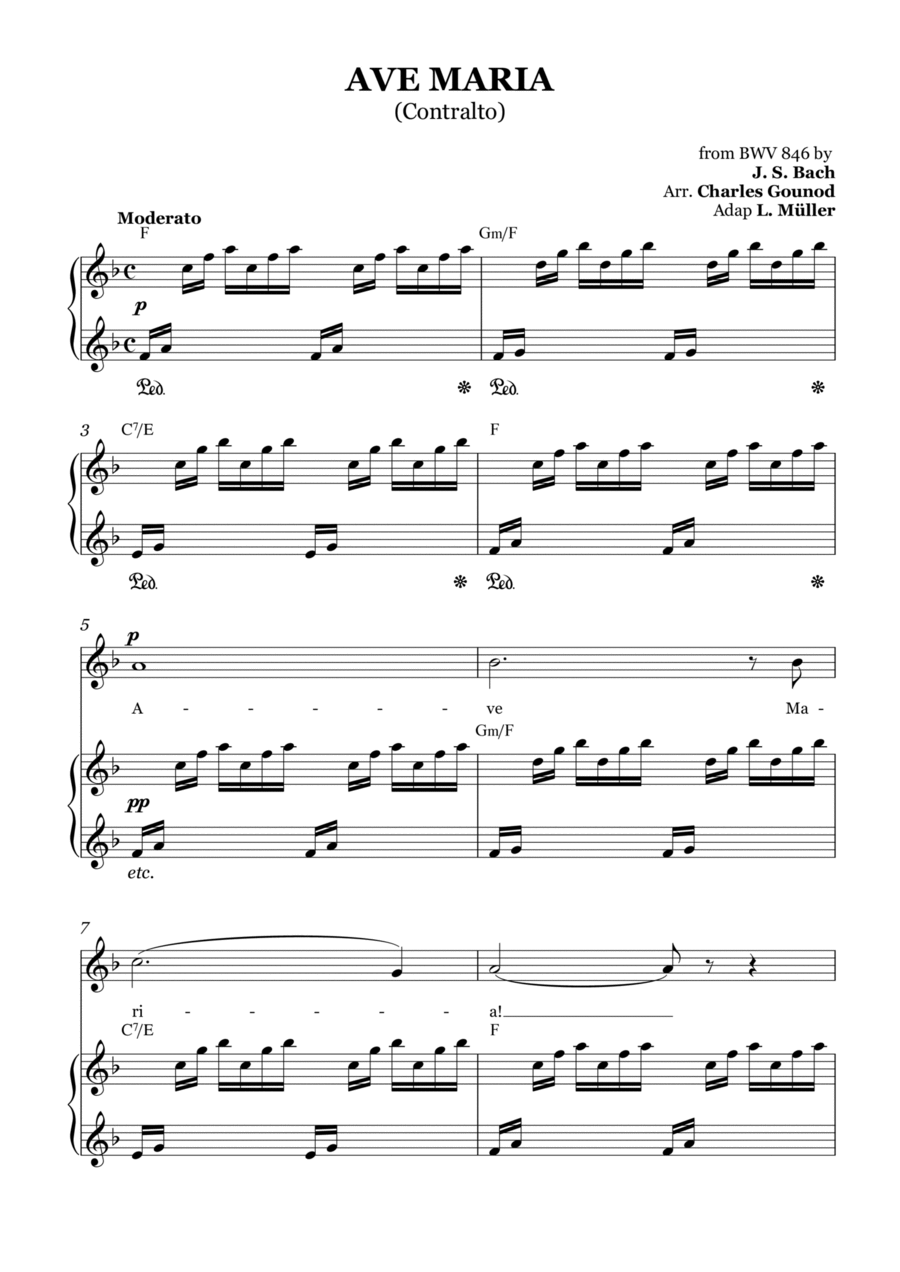 AVE MARIA - Bach/Gounod. For Soloist Contralto in F Major with Piano Accompaniment Piano scores gallery preview page 1
