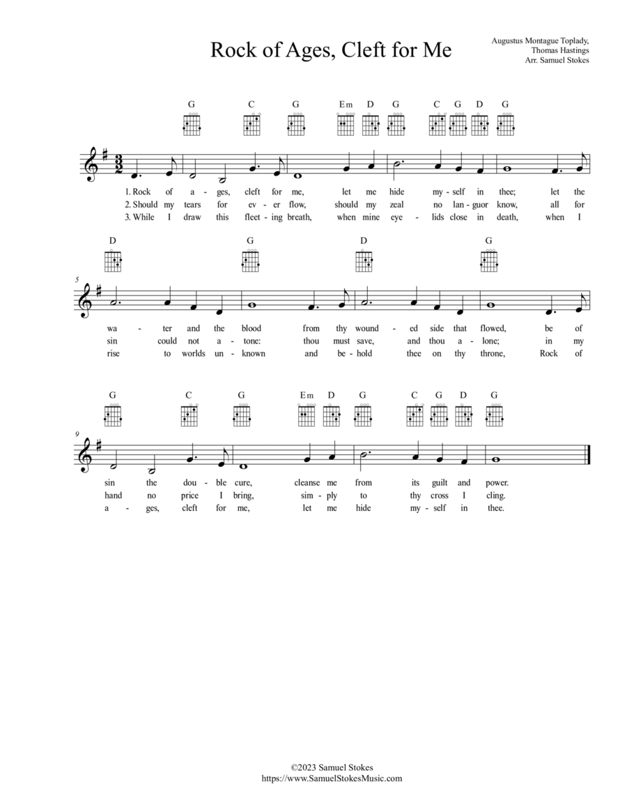 Rock of Ages, Cleft for Me - vocal lead sheet with chords Guitar scores gallery preview page 1