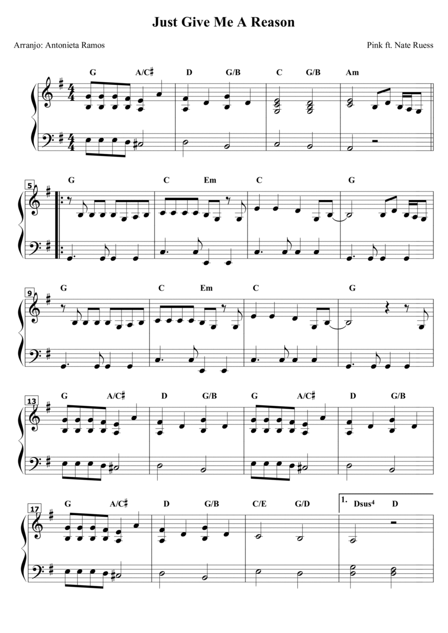 Just Give Me A Reason Piano Solo scores gallery preview page 1