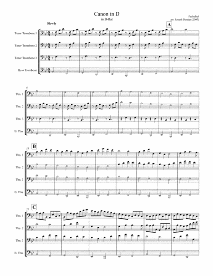 Canon in D - Trombone Quartet, Arr. Joseph Dunlap Trombone Quartet scores gallery preview page 1