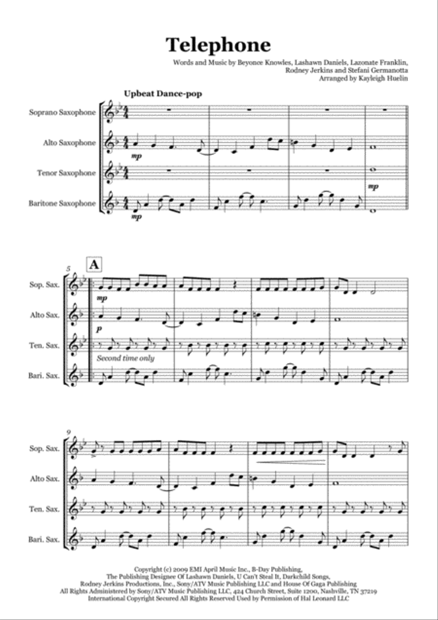 Telephone (feat. Beyonce) Saxophone Quartet scores gallery preview page 1