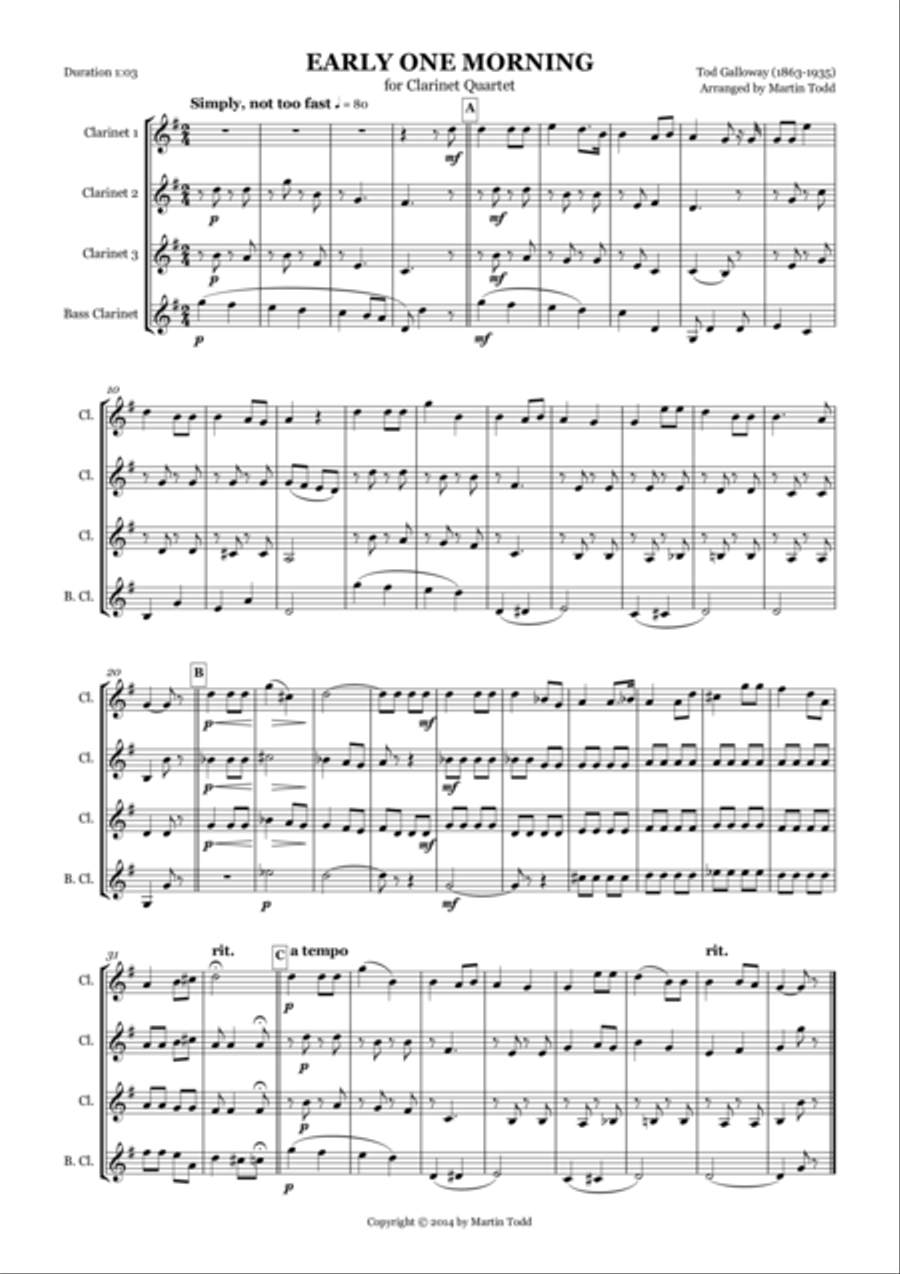 Early One Morning for Clarinet Quartet Clarinet Quartet scores gallery preview page 1