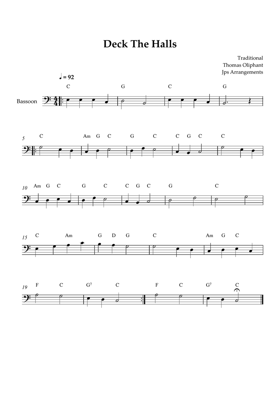 Deck The Halls - Bassoon Solo - Easy in C Major (Lead Sheet with Chords)