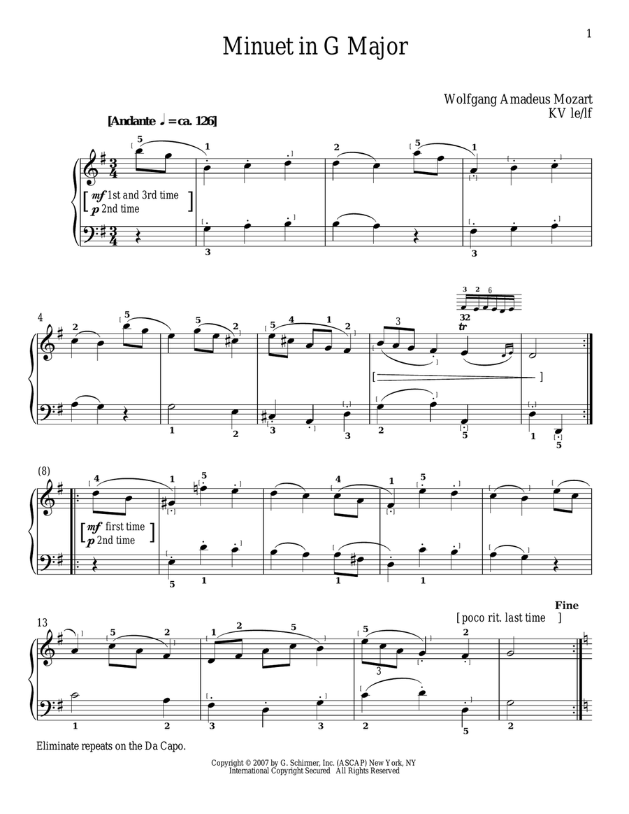 Minuet In G Major, K. 1 Piano Solo scores gallery preview page 1