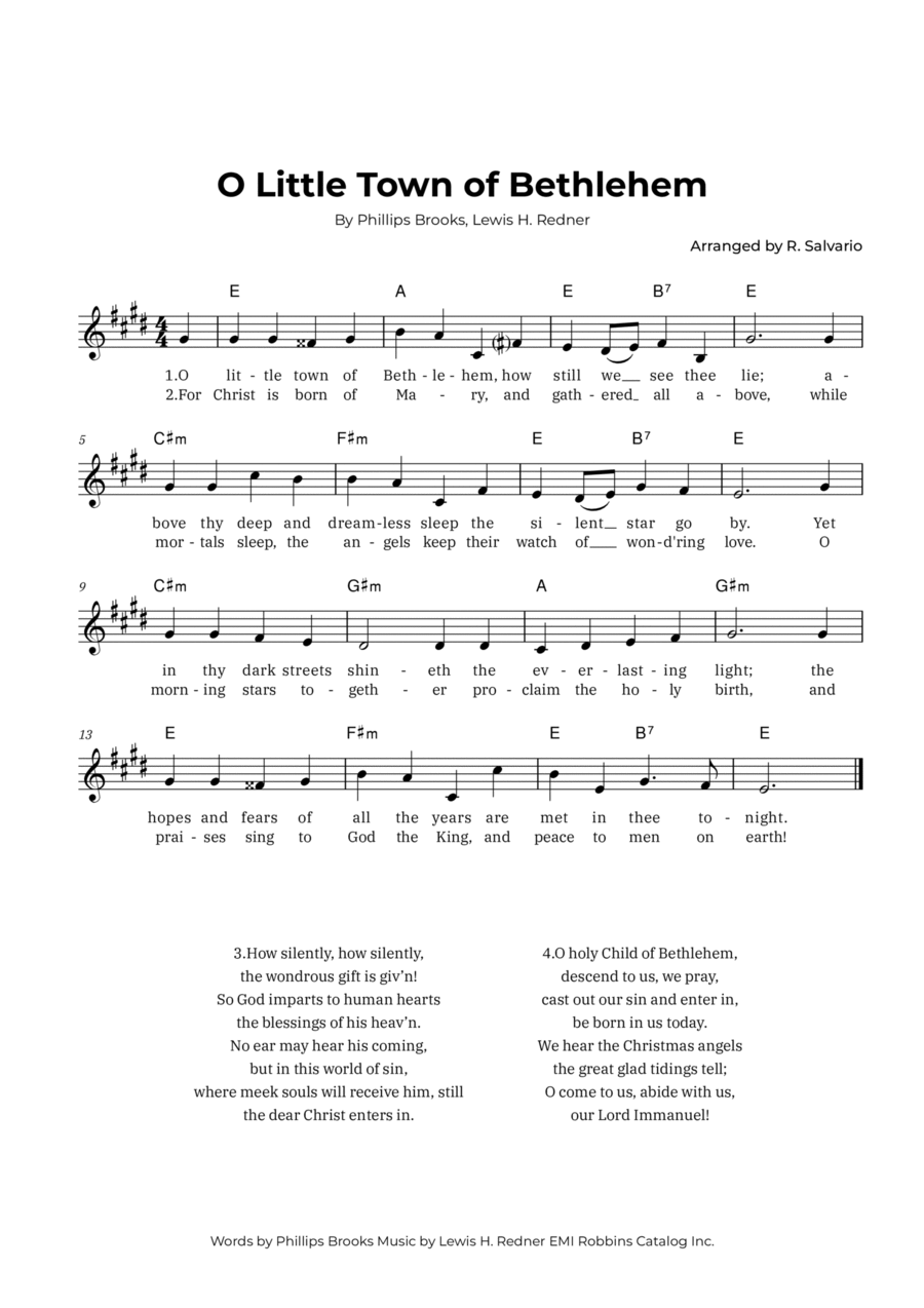 O Little Town of Bethlehem (Key of E Major) Easy Piano scores gallery preview page 1